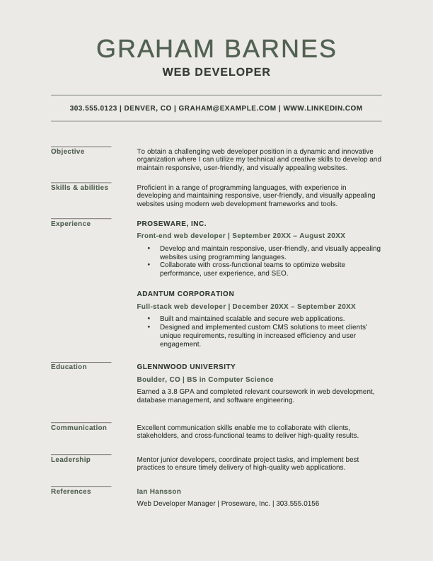 Modern web developer resume